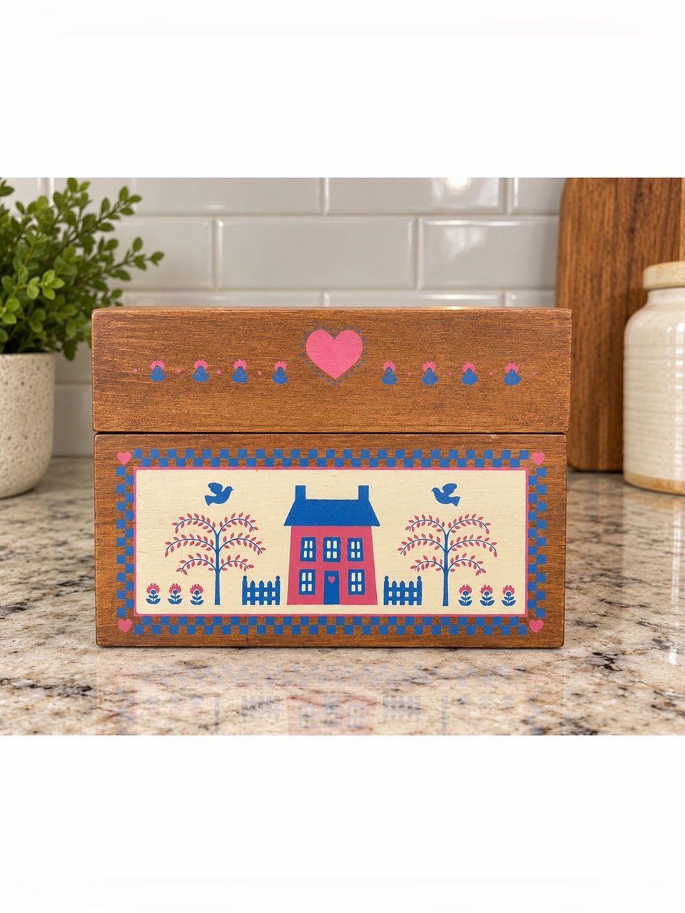 Vintage The Country Home Wood Box Greeting Card Organizer Recipe House Heart Lg